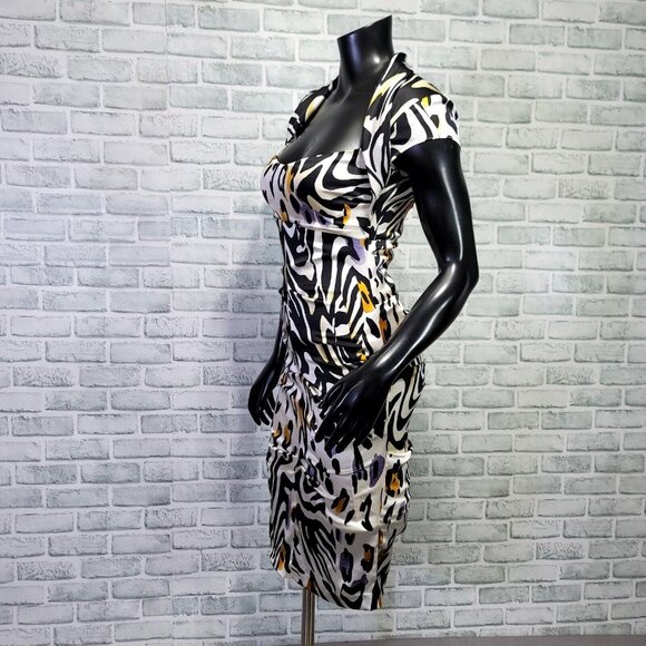 Cache Size 6 Silk Animal Print Ruched Cutout Back S/S Knee Length Dress Cocktail - Picture 5 of 12